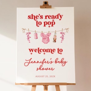 Panneau de bienvenue rose pour baby shower, elle est prête à faire une fête prénatale, modèle modifiable, décoration soda baby shower - BS72b
