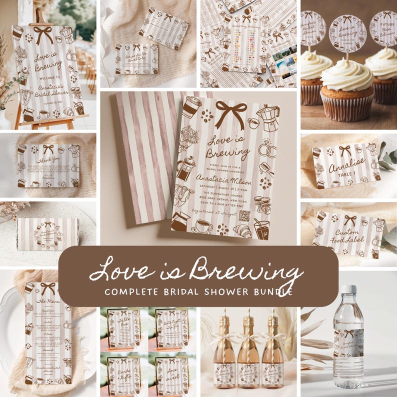 Love is Brewing Coffee Bridal Shower Bundle: Editable Invitations, Games, Signs (Digital Download) - BR1A1