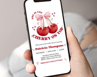 Cherry on Top Baby Shower Evite, Editable Pink Coquette Design, Cute Cherry Theme for Girls, Invitation Template - BS1