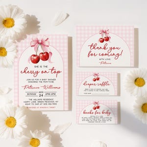 Kirsche auf der Oberseite Babypartyeinladungs-Set, Gingham Rosa, bearbeitbare rosa Schleifenkirschen einladen, Kokette Mädchen-Babyparty-Bundle - BS10