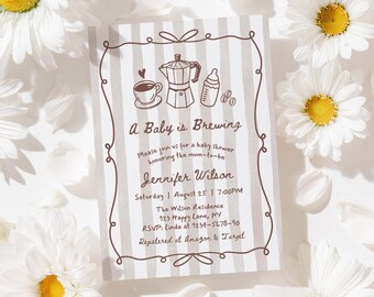 Baby is Brewing Coffee Shower Invite, Editable Template Gender Neutral Baby, Digital Download Invitation, Hand Drawn Whimsical, Canva BS49