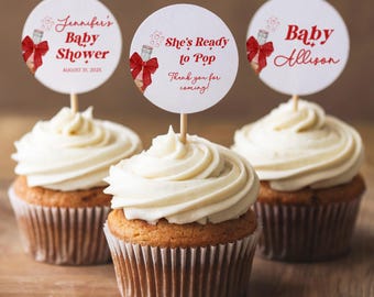 Topo de cupcake, tema "Ela está pronta para estourar refrigerante", adesivos fofos para chá de bebê, etiquetas de agradecimento editáveis, decoração para chá de bebê BS35