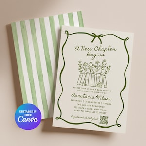 May include: Baby shower invitation featuring a green floral design and the words "A New Chapter Begins." The invitation includes details for Anastacia Wilson's baby shower, with a green and white striped envelope.