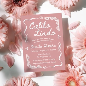 Cielito Lindo Baby Shower Invitation Pink, Whimsical Hand Drawn, Editable Mexican Talavera Invite, Papel Picado, Canva Template - BS43b