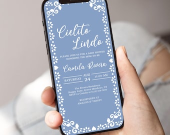 Cielito Lindo Baby Shower Evite Invitation Spanish, Dusty Blue, Boy Baby Shower, Editable Mexican Talavera Invite, Papel Picado - BS6