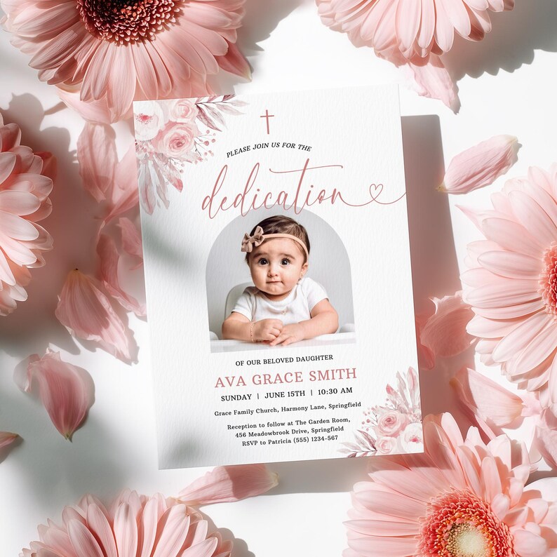 May include: A dedication announcement card with a photo of a baby girl, surrounded by pink flowers. The card includes the text "Please join us for the dedication" and the baby's name, Ava Grace Smith, with the date and time.