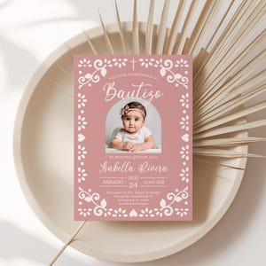 Cielito Lindo Baptism Invitation Pink Spanish, Dusty Rose with Photo, Mexican Theme, Papel Picado, Girl Bautizo Invite - RC11
