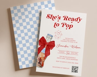 She's Ready to Pop Baby Shower Invitation: Blue Soda Red Coquette Bow (Editable Template) - BS35b