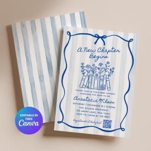 May include: Baby shower invitation with a blue and white striped background. The invitation features the text "A New Chapter Begins" in blue script, along with event details and a floral and book illustration. The invitation is editable in Canva.