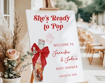 She's Ready to Pop Baby Shower Welcome Sign, Girl or Boy Baby Shower, Editable Template, Soda Pop Baby Shower Decor, Red Coquette Bow - BS35