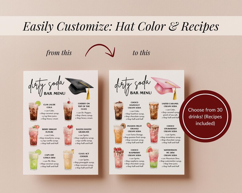 Dirty Soda Recipes Graduation, Editable Drink Menu, Fun Mocktail Ideas for Graduation Party Celebrations - SD8