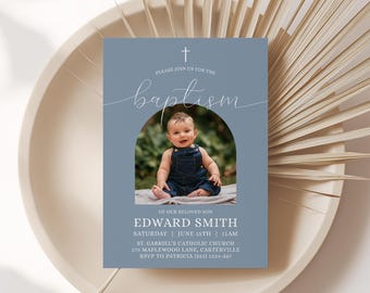 Baptism Invitation for Baby Boy with Photo, Dusty Blue, Editable Digital Template, Printable Christening Invite - RC5