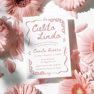 Cielito Lindo Baby Shower Invitation Pink, Whimsical Hand Drawn, Editable Mexican Talavera Invite, Papel Picado, Canva Template - BS43c
