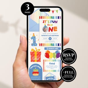 It's Fun To Be One Birthday Website Invitation with Trackable RSVP Link, Interactive Colorful Boy Canva Text Invite Evite Template - BS141