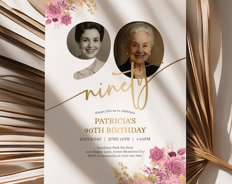 90th Birthday Invitation Card Template with Floral Pink and Gold Design, Editable with Then & Now Photo Layout - 002ABG2