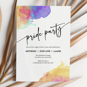 Modèle de carte d'invitation minimaliste pour une fête de la fierté, célébration arc-en-ciel aquarelle LGBTQ+ modifiable - 002SSNL