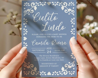 Dusty Blue Cielito Lindo Baby Shower Invitation, Talavera, Papel Picado (Editable Template) - BS6
