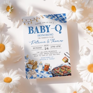 Baby Q Baby Shower Invite Blue, Editable Digital BBQ Invitation, Backyard Sprinkle Template, Instant Download - BS2