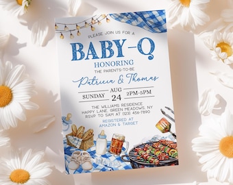 Baby Q babyshower uitnodiging blauw, bewerkbare digitale BBQ-uitnodiging, achtertuin strooisjabloon, direct downloaden - BS2