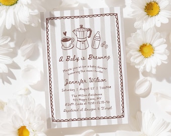 Baby is Brewing Coffee Shower Invite, Editable Template Gender Neutral Baby, Digital Download Invitation, Hand Drawn Whimsical, Canva BS47