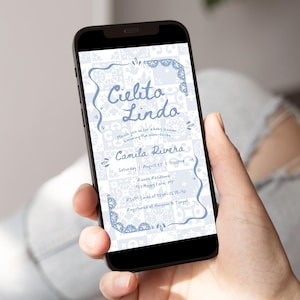 Convite de chá de bebê Cielito Lindo, azul, desenhado à mão, com tema mexicano editável, em papel picado, modelo Canva - BS44