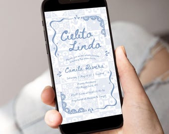Cielito Lindo Baby Shower Evite Invitation Blue, Whimsical Hand Drawn, Editable Mexican Talavera Invite, Papel Picado, Canva Template - BS44