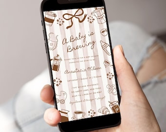 Invitación de EVTP para baby shower "Un bebé está naciendo", temática de café, plantilla personalizable, descarga digital - BS64b