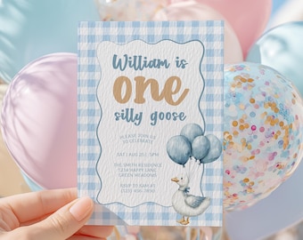 One Silly Goose Birthday Invitation, Blue Gingham, Editable Template for Boy 1st Birthday, Digital Goose Party Invite - KBD30