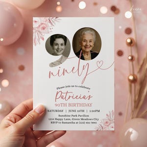 90. Geburtstagseinladung, Boho Floral Pink bearbeitbare Vorlage für Frauen, digitaler Download, feiern neunzig Jahre - ABD4