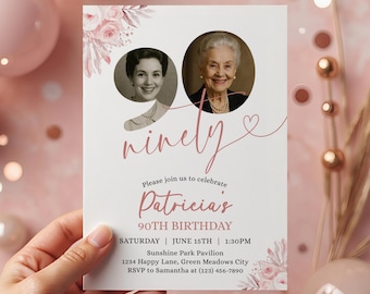 90th Birthday Invitation, Boho Floral Pink Editable Template for Women, Digital Download, Celebrate Ninety Years - ABD4