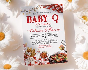 Baby Q babyshower uitnodiging rood, bewerkbare digitale BBQ-uitnodiging, achtertuin strooisjabloon, direct downloaden - BS3