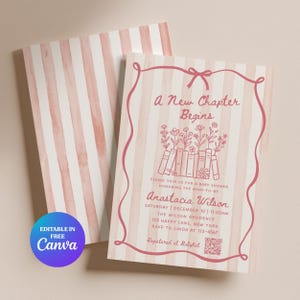 Op de afbeelding: Babyborrel uitnodiging met een roze en witte gestreepte achtergrond. De uitnodiging bevat de tekst "A New Chapter Begins" en evenementdetails in een roze kader. Het ontwerp bevat illustraties van boeken en bloemen.
