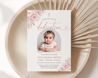 Girl Dedication Invitation, Boho Floral Pink Design, Editable Baby Girl Baptism Invite, Simple and Elegant with Photo - RC1