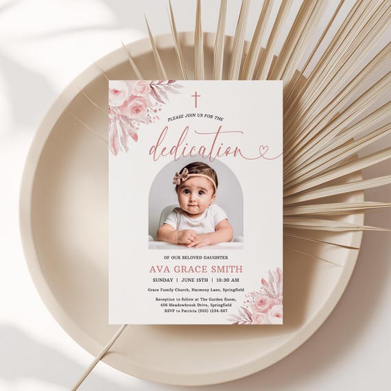 Girl Dedication Invitation, Boho Floral Pink Design, Editable Baby Girl Baptism Invite, Simple and Elegant with Photo - RC1