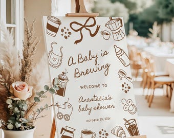 A Baby is Brewing Baby Shower Welcome Sign: Editable Coffee Theme Decor, Digital Download, Gender Neutral Canva - BS64
