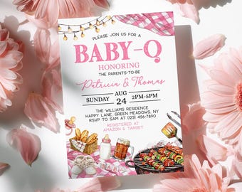 Baby Q babyshowerinbjudan rosa, redigerbar digital grillinbjudan, mall för trädgårdsströssel, direktnedladdning - BS4