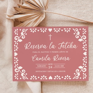 Cielito Lindo Baptism Save the Date Pink Spanish, Editable Template, Mexican Theme, Papel Picado, Girl Bautizo - RC8