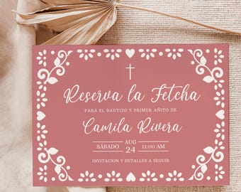 Cielito Lindo Baptism Save the Date Pink Spanish, Editable Template, Mexican Theme, Papel Picado, Girl Bautizo - RC8