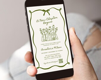 A New Chapter Begins Baby Shower Evite, Mobile Invitation with QR Code, Editable Template, Storybook Digital Invite, Hand Drawn Bow - BS92D