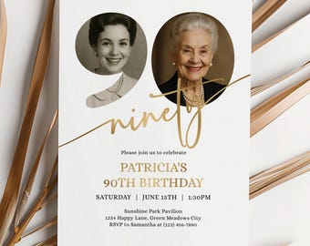 90th Birthday Invitation Card Template with Gold Accent, Editable with Then & Now Photo Layout, Minimalist Classic Design - 001ABG2