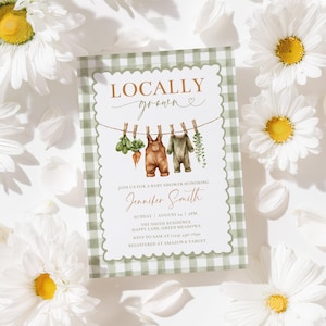 Locally Grown Baby Shower Invitation, Editable Farmers Market Invite, Gender Neutral Baby Sprinkle, Homegrown, Gingham Sage Green - BS40