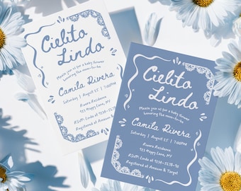 Cielito Lindo Baby Shower Invitation Blue, Whimsical Hand Drawn, Editable Mexican Talavera Invite, Papel Picado, Canva Template - BS44d