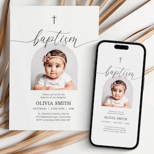 Taufeinladungskarte & Evite-Vorlage für Jungen oder Mädchen, einfaches und elegantes minimalistisches weißes Design mit Foto - 001BAPN