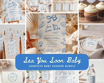 Paquete de baby shower "Te esperamos pronto", set de invitaciones editables, juegos para baby shower, letrero de bienvenida, letreros de mesa, etiquetas de recuerdo y etiquetas de comida - BS61