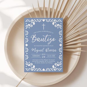 Cielito Lindo Baptism Invitation Blue Spanish,  Editable Template, Mexican Theme, Papel Picado, Boy Bautizo Invite - RC16