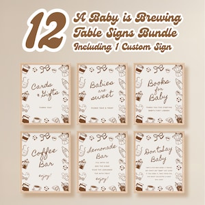 Könnte beinhalten: Ein Set von 12 Babyparty-Tischschildern in Braun- und Cremetönen. Die Schilder zeigen Sätze wie "Karten & Geschenke", "Babys sind süß", "Bücher für Baby", "Kaffeebar", "Limonadenbar" und "Sag nicht Baby". Jedes Schild hat einen dekorativen Rahmen.