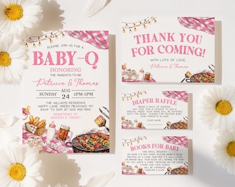 Baby-q babyshower uitnodiging set roze, bewerkbare digitale BBQ-uitnodiging, achtertuin strooi sjabloon, instant download - BS4