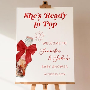 Panneau de bienvenue pour baby shower, fille ou garçon, modèle modifiable, décoration soda pop baby shower, noeud coquette rouge - BS35