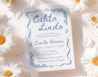 Cielito Lindo Baby Shower Invitation Blue, Whimsical Hand Drawn, Editable Mexican Talavera Invite, Papel Picado, Canva Template - BS44c