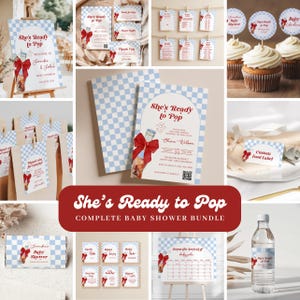 Peut inclure: Ensemble complet pour une baby shower sur le thème bleu et blanc à carreaux. Comprend des invitations, un panneau de bienvenue, des décorations de cupcakes, des étiquettes alimentaires et des étiquettes de bouteilles d'eau. Avec le texte "She's Ready to Pop."